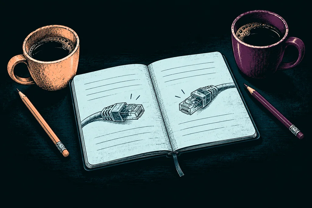 Two different coffee cups and pencils surround a shared notebook, showing the same technical idea from two perspectives.