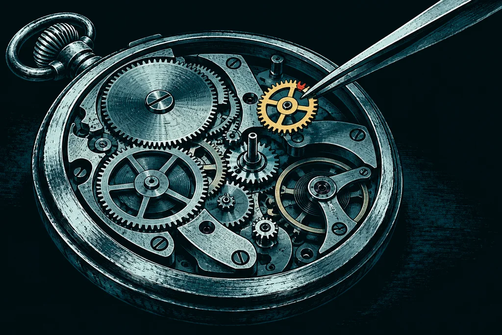 Tweezers lift one yellow gear with a chipped tooth above an open watch movement, revealing the connected mechanism beneath.