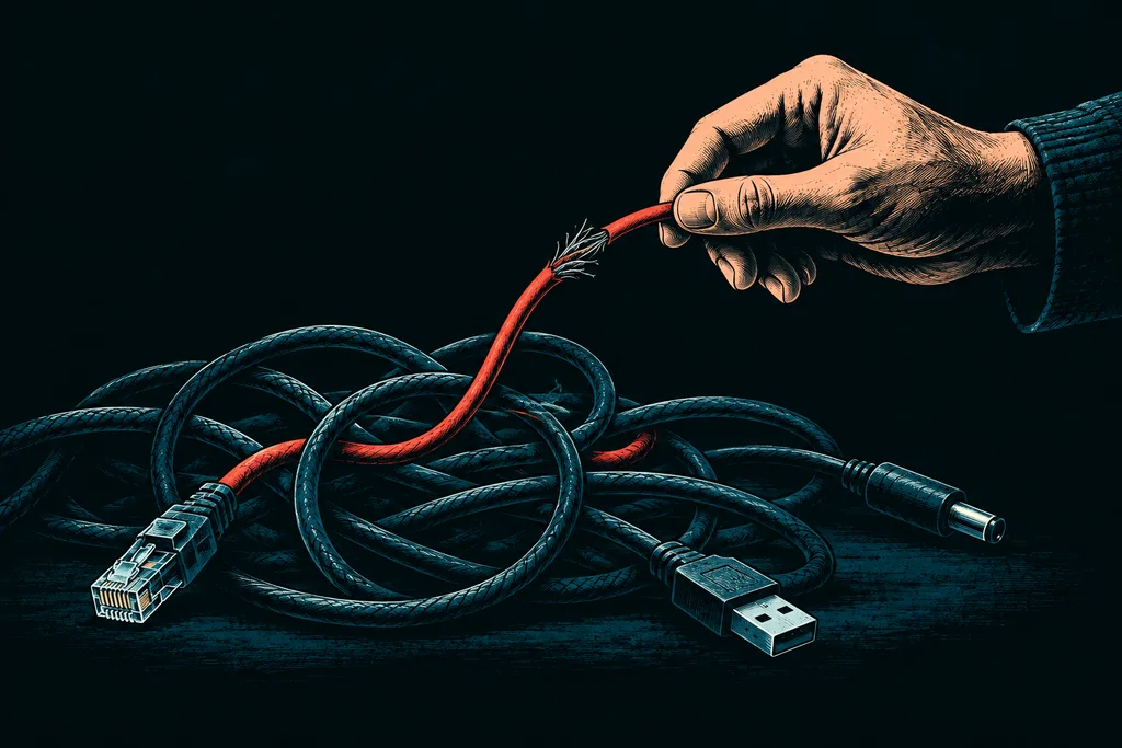A hand lifts one damaged red cable out of a tangle of computer connections, bringing the issue into clear view.