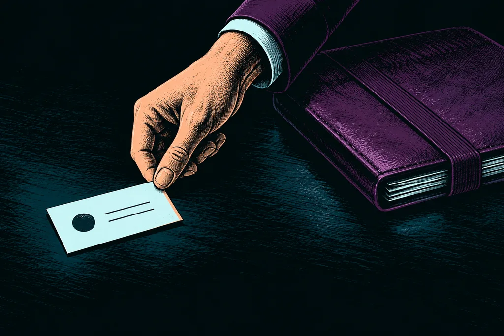 A hand offers a small contact card while a thick plum document folio remains closed under its retaining band.