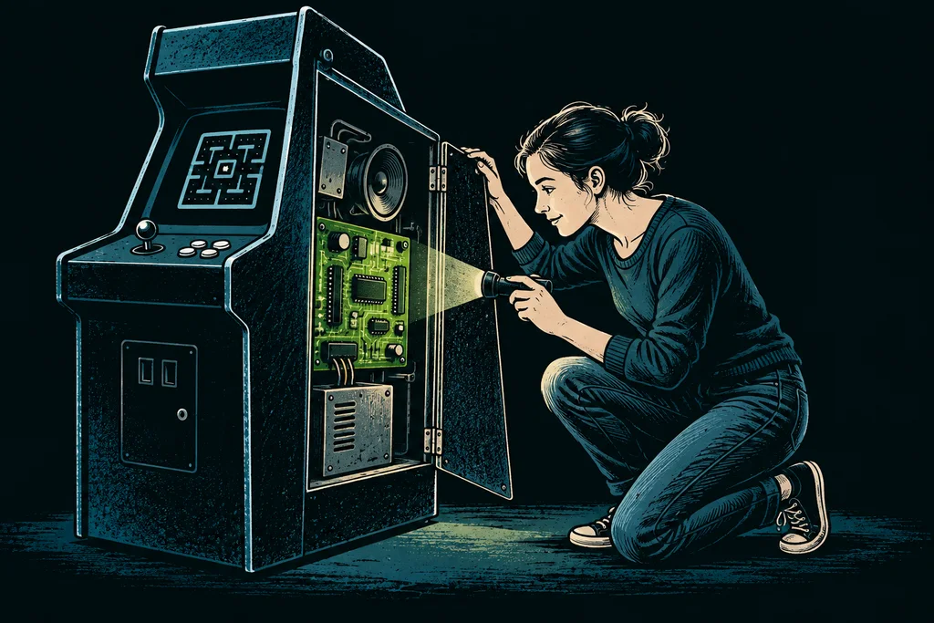 A woman kneels beside an arcade cabinet, shining a small lamp into its open side to examine a green circuit board.