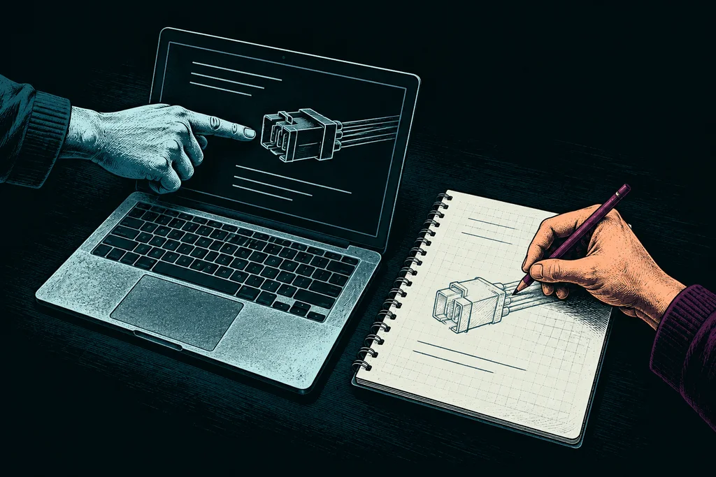 One colleague points to a connector diagram on a laptop while another draws the same connector in a notebook.